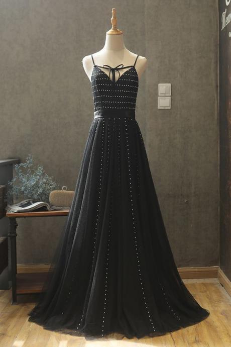 Pretty Black Tulle V Neck Long A Line Evening Dress, Long Beaded Prom Dress