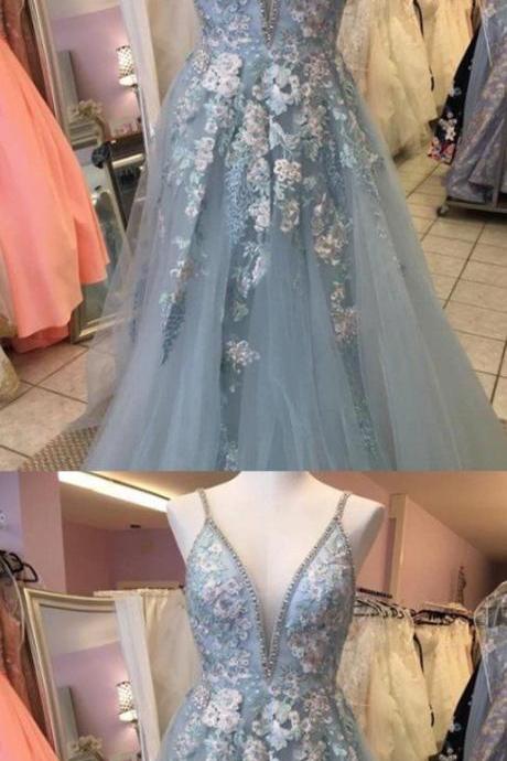 A-line Spaghetti Straps V-neck Blue Long Prom Dresses , Prom Dresses