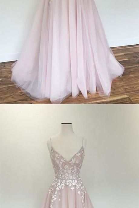 Light pink v neck tulle applique long prom dress, pink evening dress,Formal Dress,Party Dresses,Fashion Prom Dress