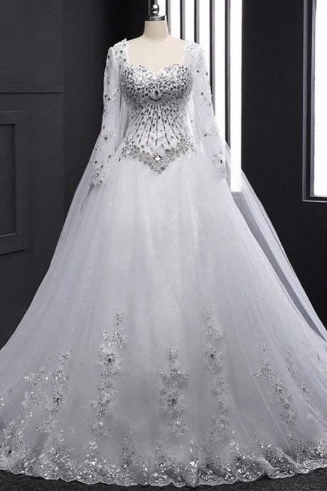 New Bandage Tube Top Crystal Wedding Dress, Long sleeve Bridal gown