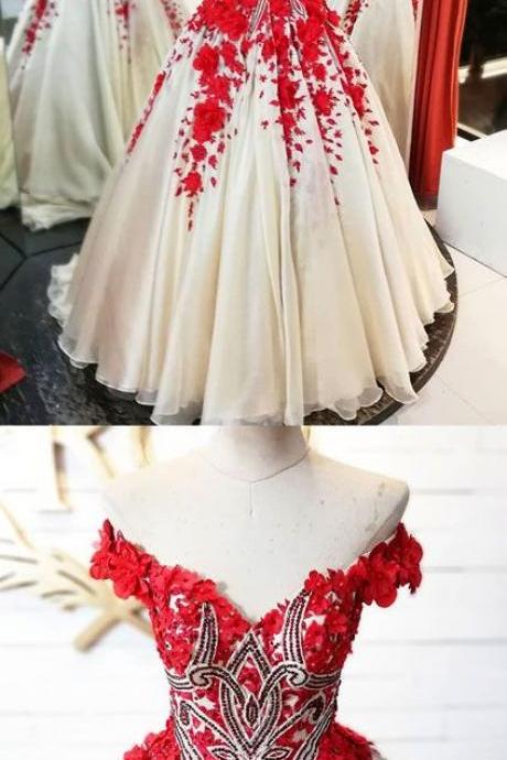 Red V Neck Tulle Applique Long Prom Dress, Red Evening Dress