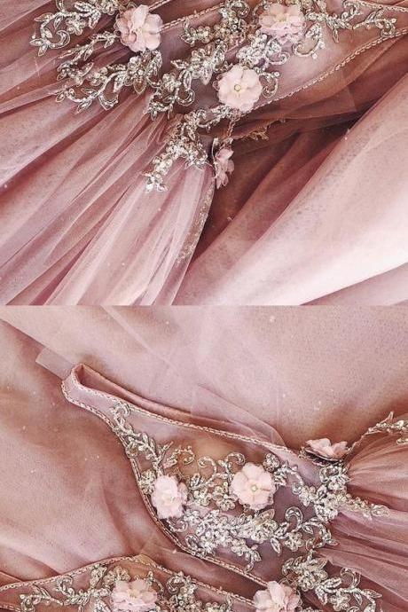 A-line V-neck Backless Sweep Train Pink Prom Dress With Beading Flowers