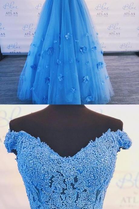 Two Pieces Off-shoulder Blue Floor-length Lace Prom Dress
