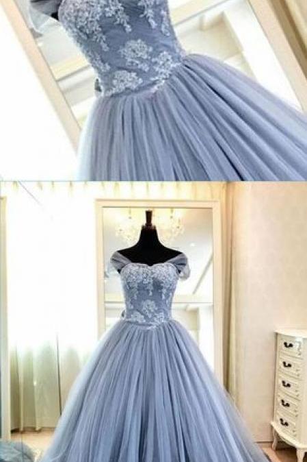 Blue Gray Tulle High Neck Cap Sleeve Long Evening Dress, Long Formal Prom Gown With Appliqués