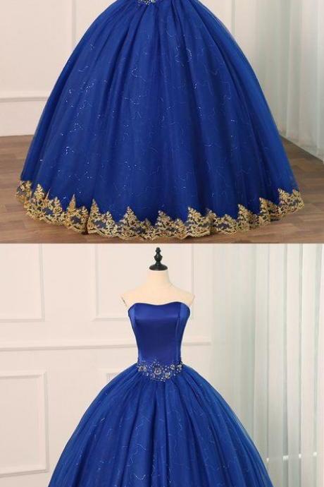 Royal Blue Tulle Strapless Long Beaded Formal Prom Dress, Party Dress With Applique