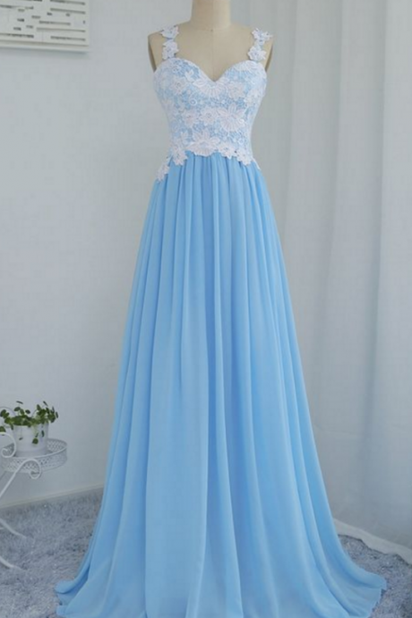 Blue Chiffon And Lace ,long Party Dresses, Pretty Prom Dresses, Junior Party Dresses ,floor Length Formal Dress, Custom Made