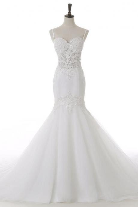 White Mermaid Wedding Dress,backless Spaghetti Straps Wedding Dresses,lace Mermaid Wedding Dresses