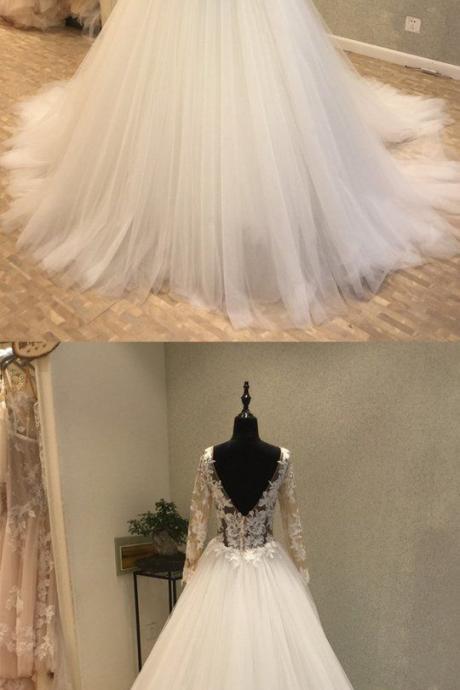 Long Sleeves Popular Applique Tulle Long Bridal Wedding Dress