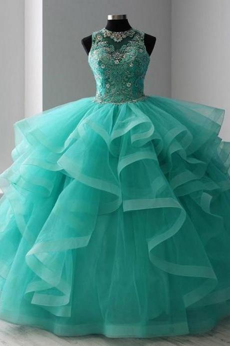 Blue Ball Gown Prom Dresses Jewel Appliques Beading Evening Dresses