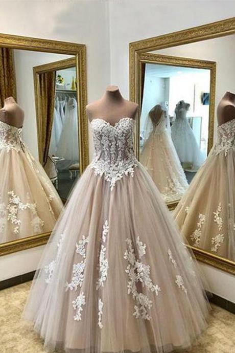 Champagne Ball Gown Prom Dresses Appliques Evening Dresses Long