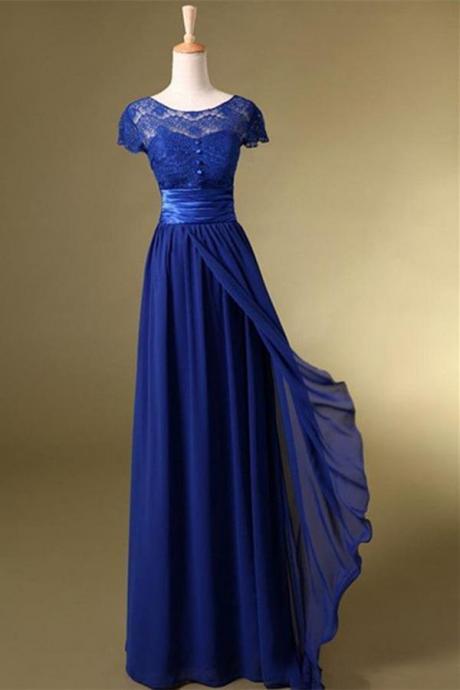 Newest Charming Royal Blue lace Chiffon Prom Dresses