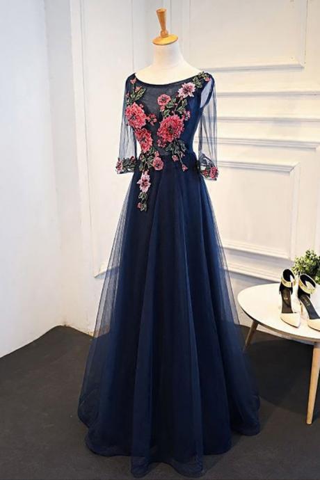Navy Blue Tulle A-line Flower Appliques Prom Dress With Sleeves,long Formal Evening Dress