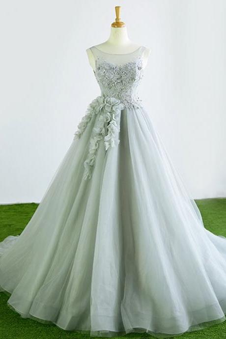 Gray Tulle Court Train Formal Long Prom Dress With Flowers