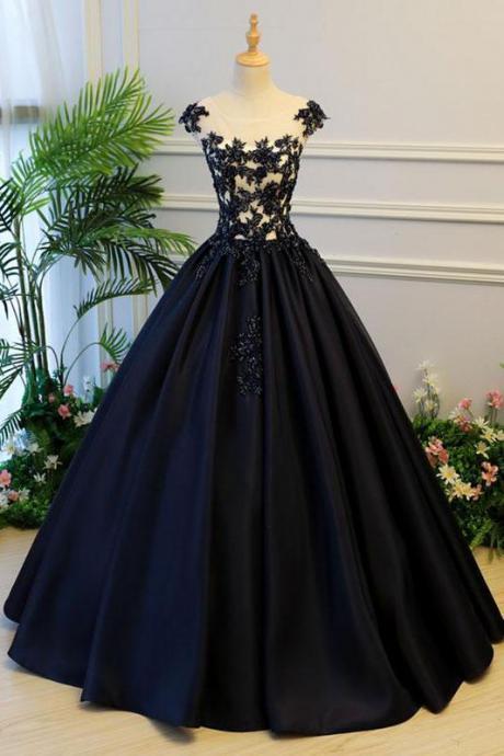 Generous Puffy A-line Cap Sleeves Lace-up Black Satin Long Prom Dress With Appliques