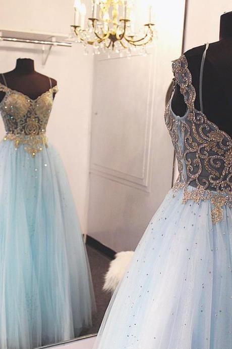 Off The Shoulder Gold Sequin Light Sky Blue Long Prom Dress Ball Gown