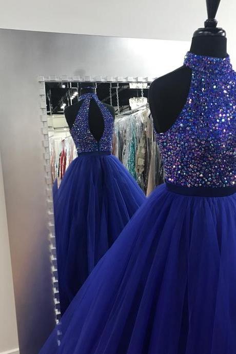 Charming Prom Dress, Royal Blue Tulle Prom Dresses, High Neck Beaded Evening Dress