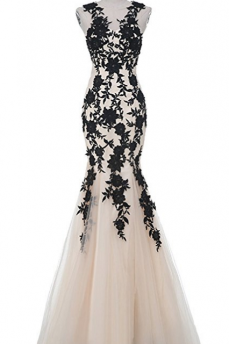 Black Mermaid Evening Dress,lace Appliques Tulle Formal Dress,long Prom Dresses