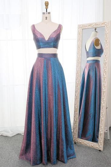 Two Pieces Sparkly A-line Prom Dresses,fancy Dresses,prom Dress,prom Dresses,long Prom Dress