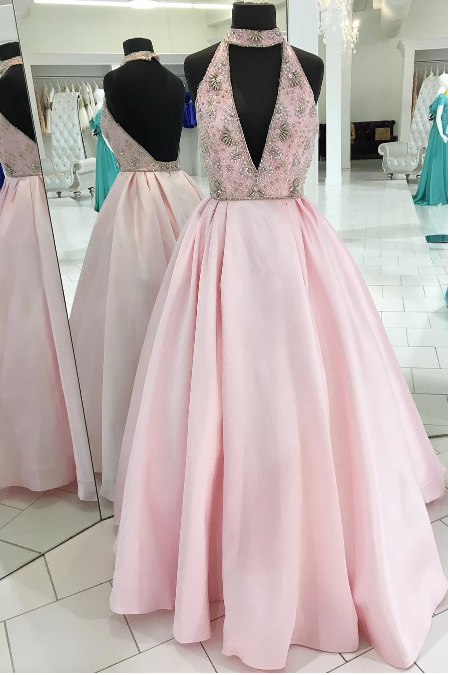 Charming V-neck Beaded Ball Gown Prom Dress,long Pink Evening Dress,long Prom Dresses,prom Dresses