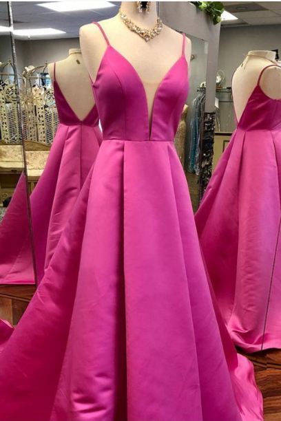 A-line Spaghetti Straps Fuchsia Prom Dresses Simple Evening Gowns