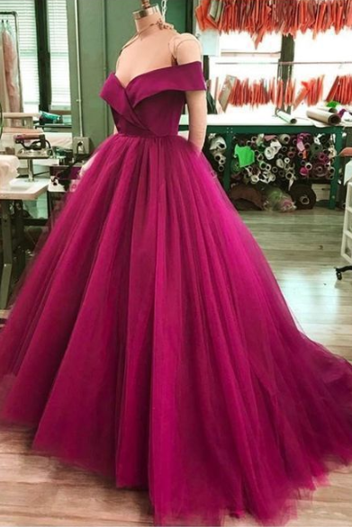 Ball Gown Off-the-shoulder Sweep Train Red Tulle Prom Dress With Ruffle