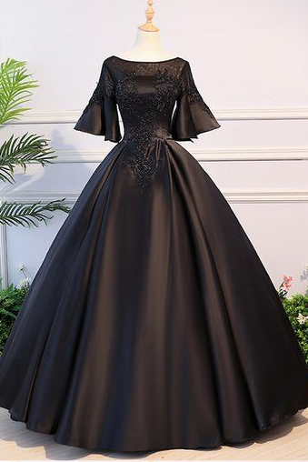 Black Satin Open Back Mid Sleeve Long Applique Evening Dress, Prom Dress
