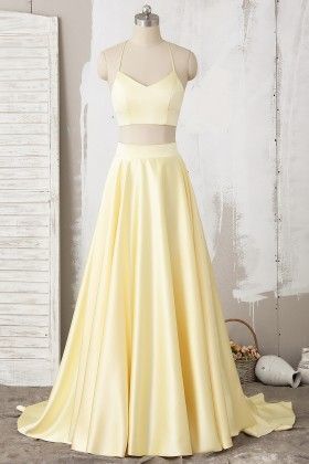 Yellow Two Piece Halter Lace Satin Long Prom Dress