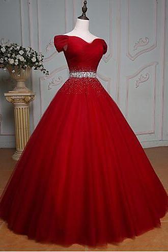 Off Shoulder Red Prom Dresses,ball Gown , Prom Dress,beading Prom Dress,red Tulle Evening Dress