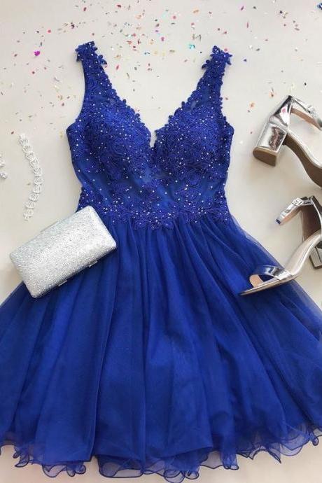 V-neck Royal Blue Short Homecoming Dresses,prom Dress With Appliques, Prom Dresses, Formal Dress, Evening Dress