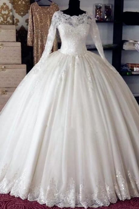 Lace Appliques Wedding Dress,bateau Neck Long Sleeves Wedding Dresses,floor Length Tulle Wedding Gown Featuring Train