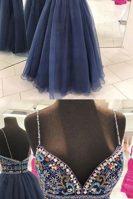 Dark blue v neck beads long prom dress, blue evening dress