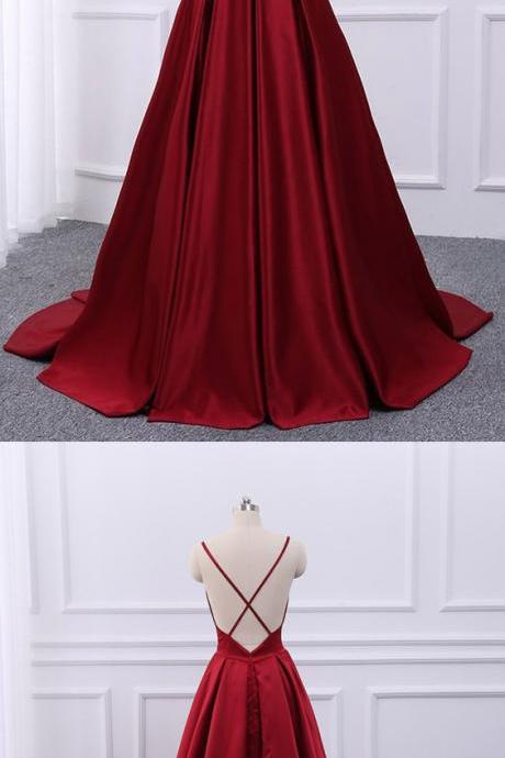 Burgundy Satin Open Back V Neck Long Customize Evening Dress, Homecoming Dress