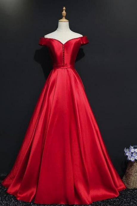 Red Satin Style Off Shoulder With Beaded Long Formal Dress, Red Party Gowns