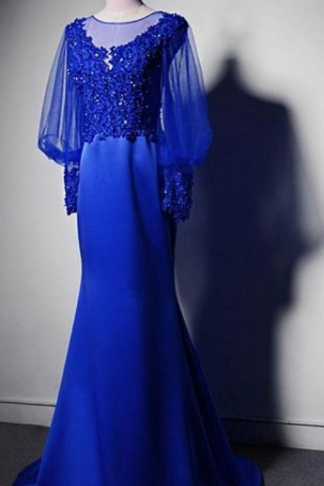 Royal Blue Lace Appliqués Mermaid Long Prom Dress, Evening Dress With Long Puffed Sleeves