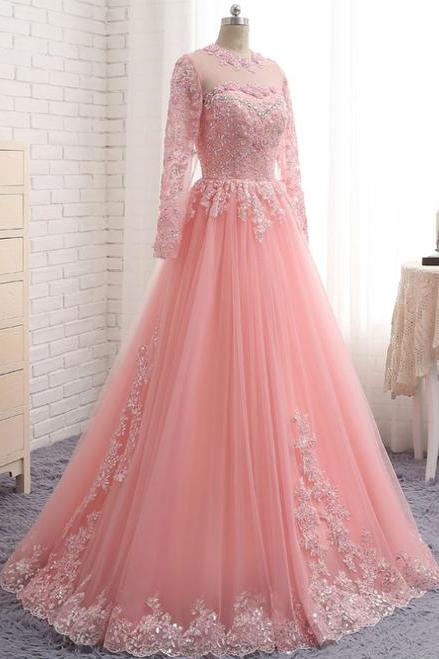 A-line Pink Tulle Lace Appliques Long Sleeve Prom Dress