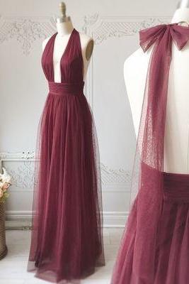 Sexy Open Back Burgundy Tulle Prom Dress, Floor Length Long Evening Party Dress