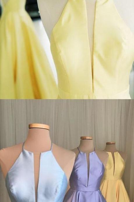 Halter Yellow Long Prom Evening Dress With Pockets