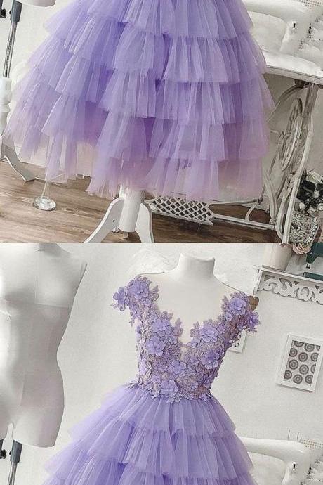 Purple Tulle Appliqué Short Prom Dress, Homecoming Dress