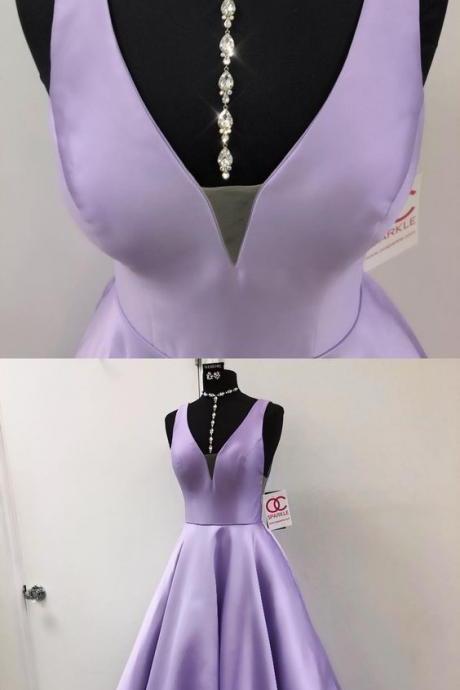 lavender long prom dress , princess v neck prom gown
