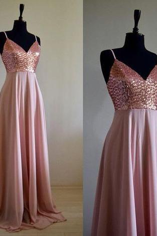 Charming Chiffon With Top Sequin Rose Gold Bridesmaid Dress, Wedding Reception Dress, Sequin Pink