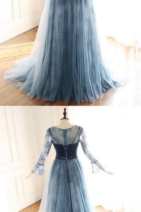 Gorgeous Blue Gray Lace Long Velvet Custom Made Formal Prom Dress With Sleeve