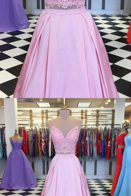 Pink Two Pieces Lace Long Prom Dress, Pretty Charming Customized Pink Evening Dress