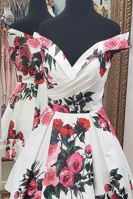 Beautiful Unique Off The Shoulder Floral Short Homecoming Dress With Pockets