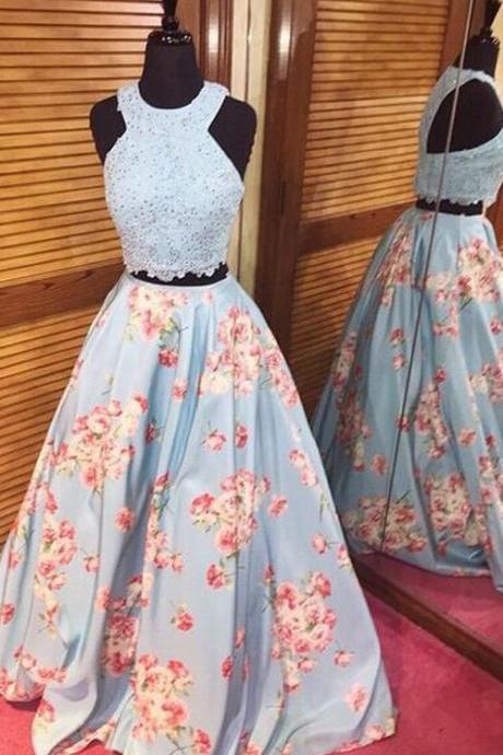 Gorgeous Simple Blue Floral Print Beaded A Line Applique Two Piece Long Prom Dress