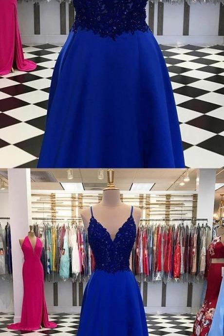 Royal Blue V Neck Lace Long Prom Dress, Evening Dress