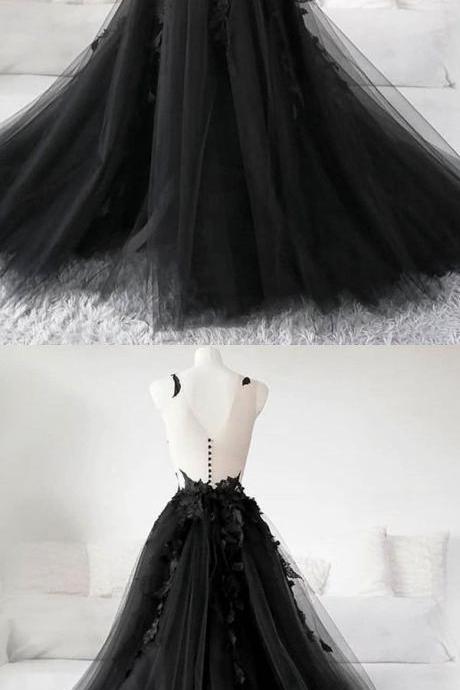Black Tulle Appliqué Long Prom Dress, Black Evening Dress