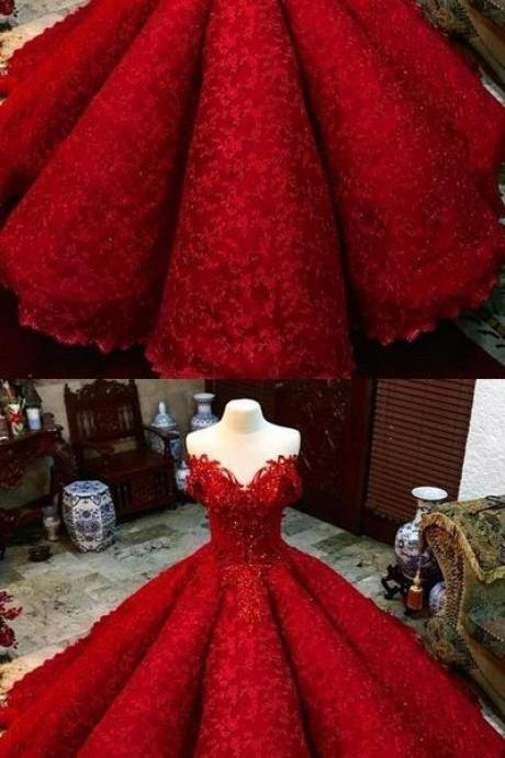 Ball Gown Red Prom Dress With Beads Off the Shoulder Floor-Length Lace Quinceanera Dress Sweet 16 Dresses for Girls