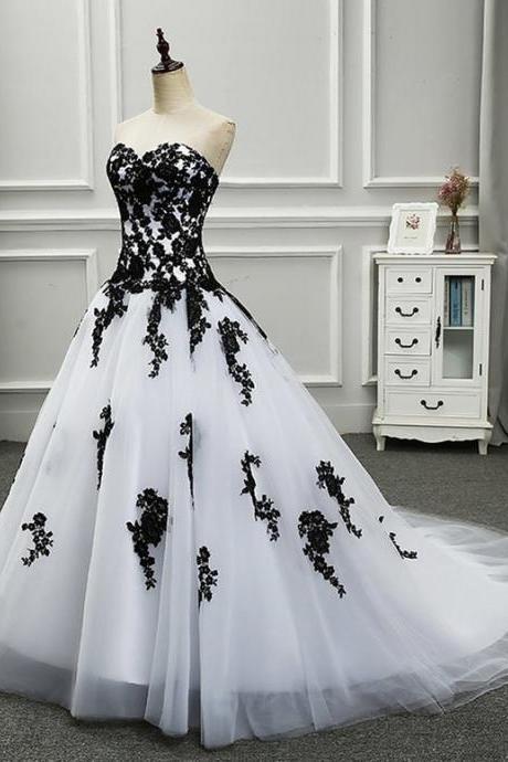 White and Black Sweetheart Long Party Gown, Wedding Party Dress