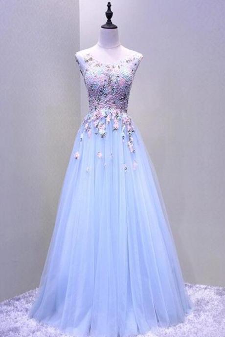 Light Blue Beaded Round Neckline Tulle Formal Gown, Charming Party Dress