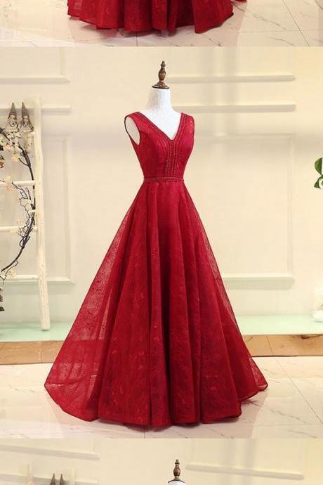 Elegant V Neck Red Floor Length Formal Evening Dress, Long Prom Dresses